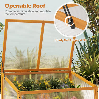 Wood cold frame greenhouse DirectDeals with orange wooden frame, transparent panels, flip-top roof on Tampa Home & Garden Store