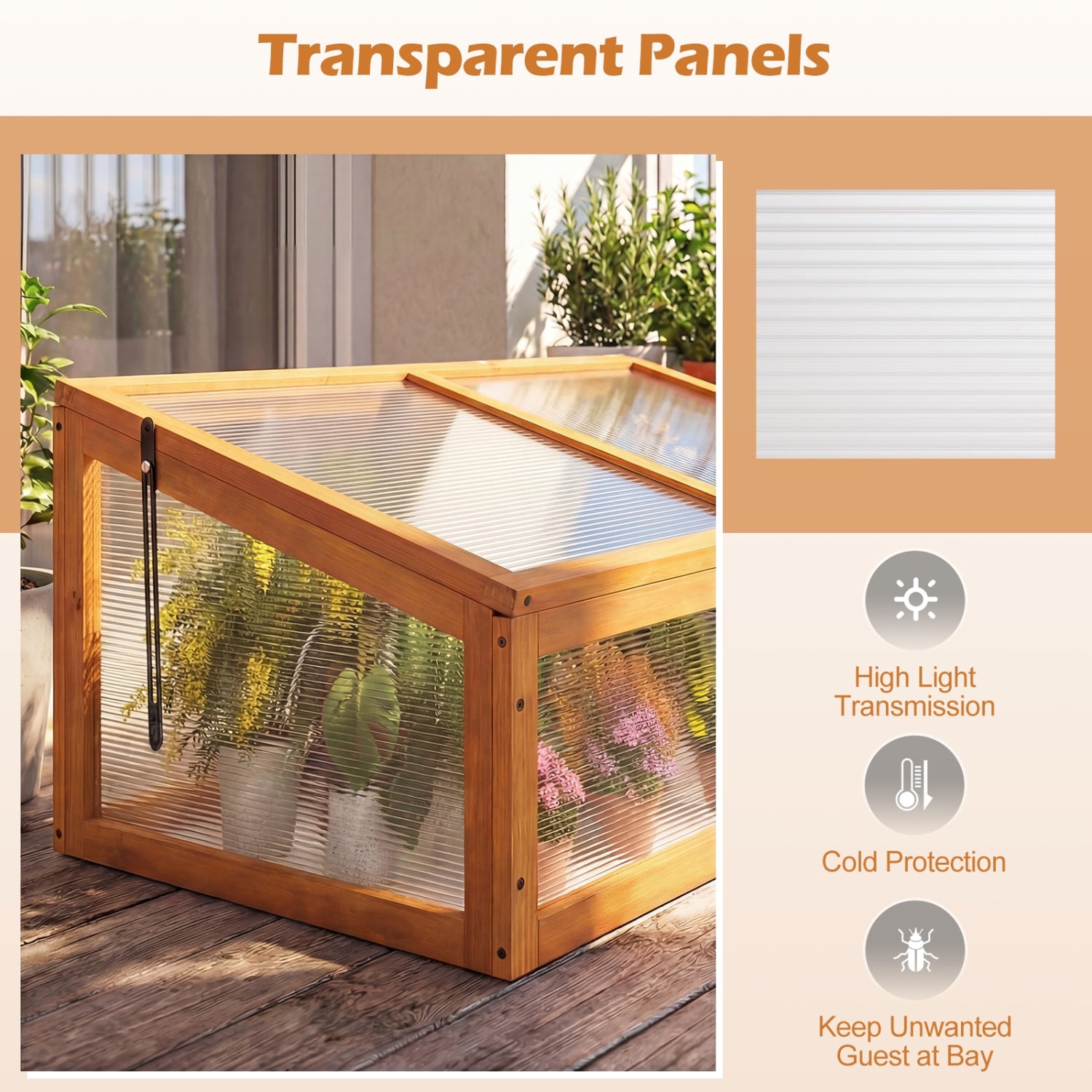 Wood cold-frame greenhouse with orange frame and transparent flip-top roof, raised planter bed by DirectDeals on Tampa Home & Garden Store