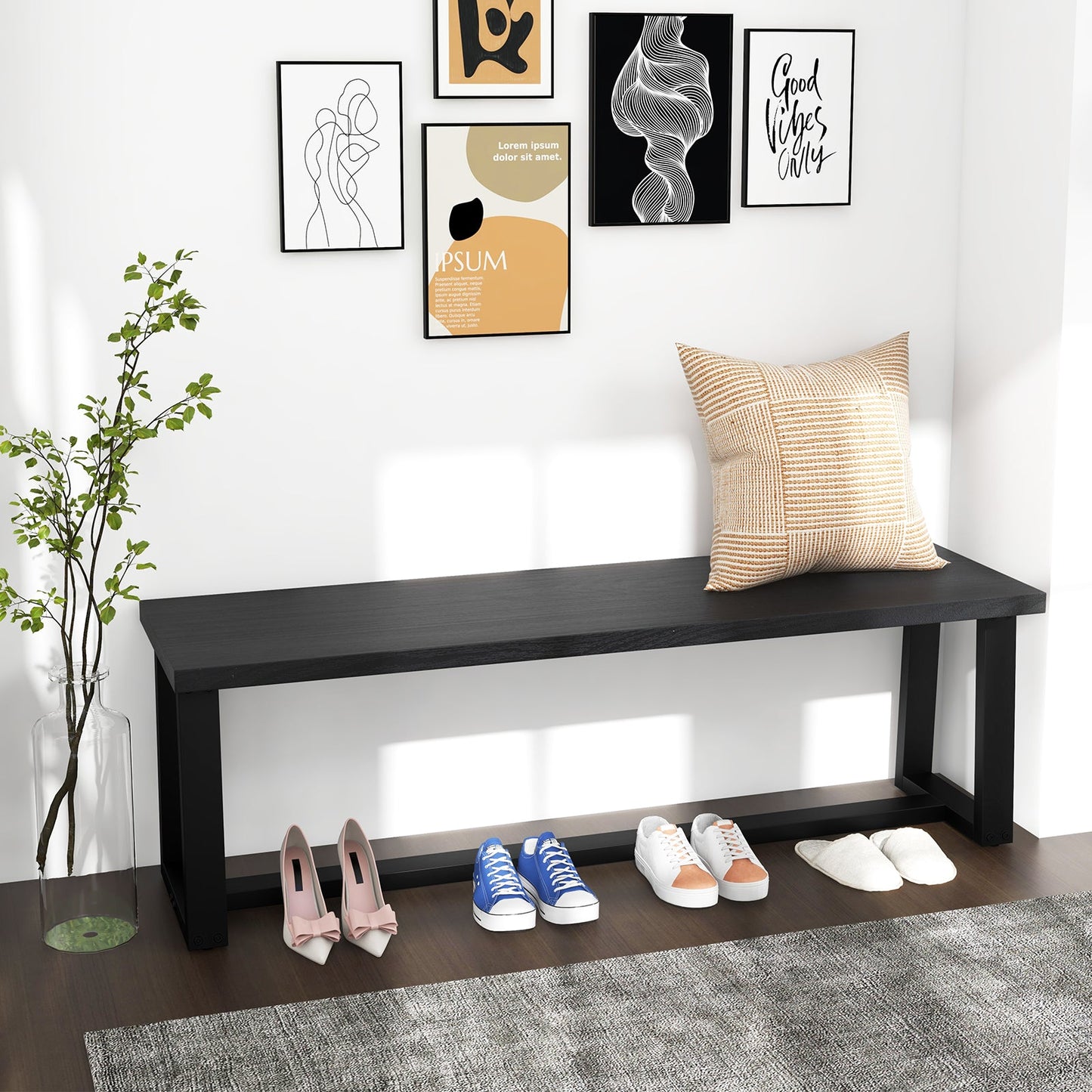 Wood Dining Bench with Metal Frame and Adjustable Footpads