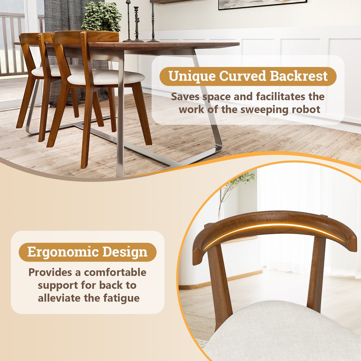 Juego de 2 sillas de comedor de madera con asiento acolchado y respaldo curvado - Nogal