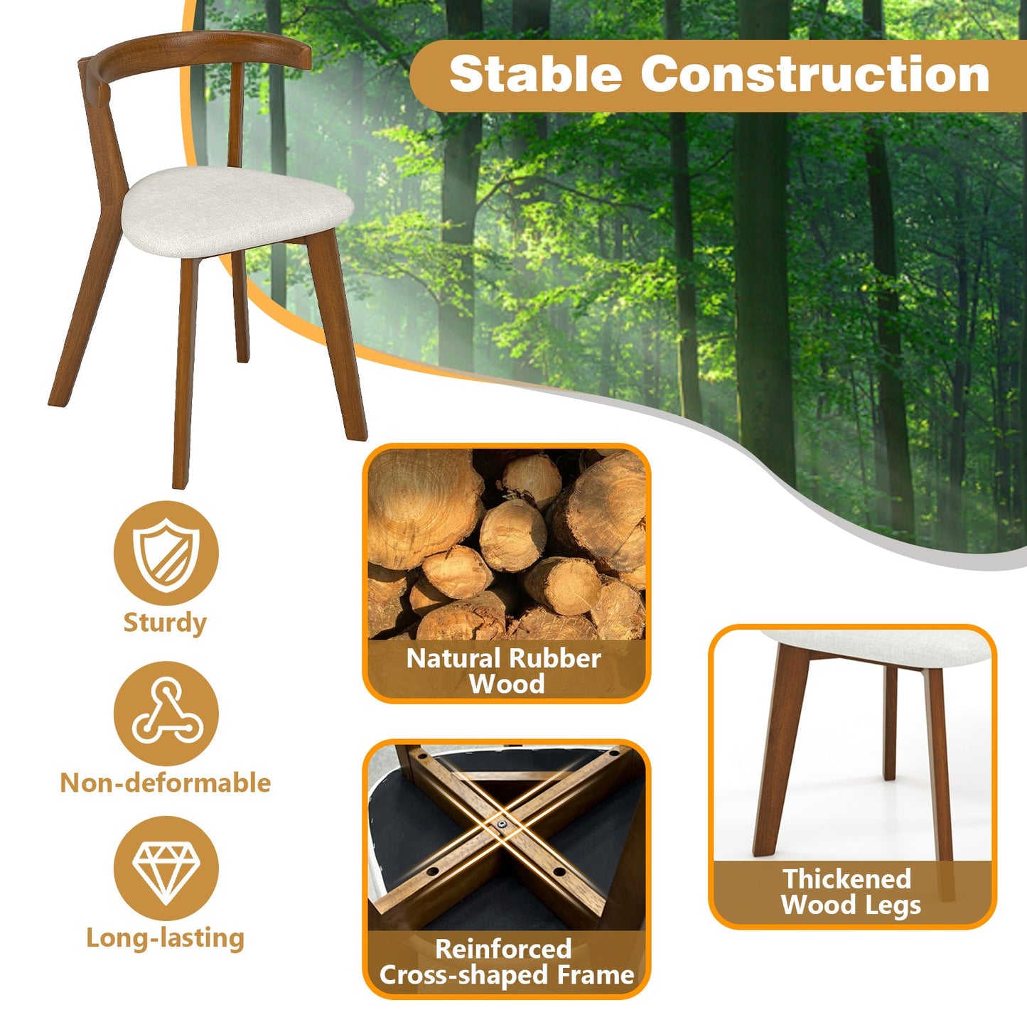 Juego de 2 sillas de comedor de madera con asiento acolchado y respaldo curvado - Nogal