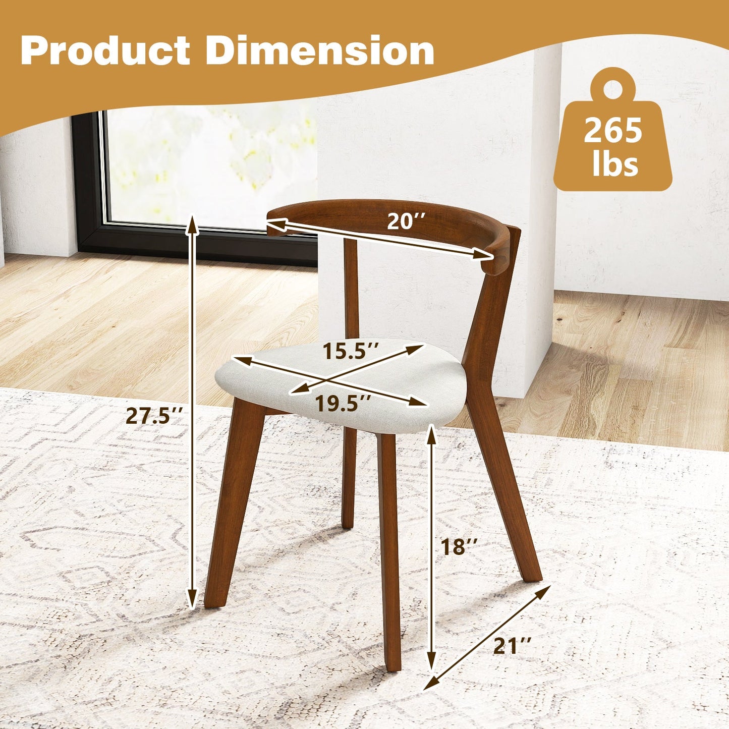 Juego de 2 sillas de comedor de madera con asiento acolchado y respaldo curvado - Nogal