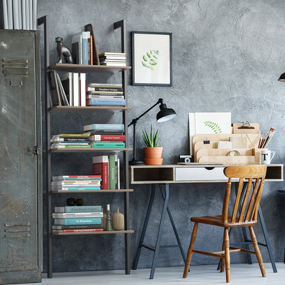 Estantería tipo escalera de 5 niveles con aspecto de madera y estructura de metal para el hogar - Negro