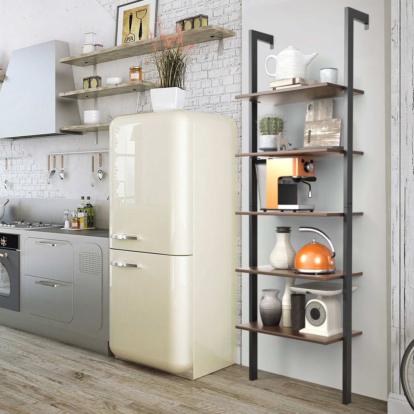 Estantería tipo escalera de 5 niveles con aspecto de madera y estructura de metal para el hogar - Negro