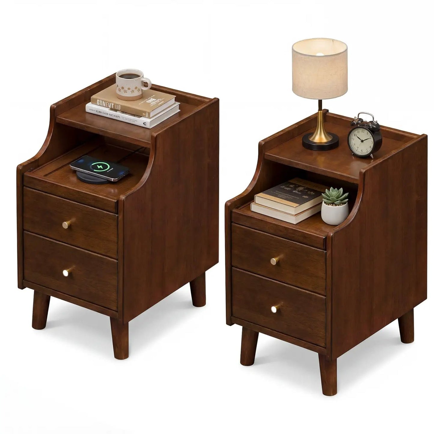 Wood Nightstand Set Of 2 With Drawers and Legs