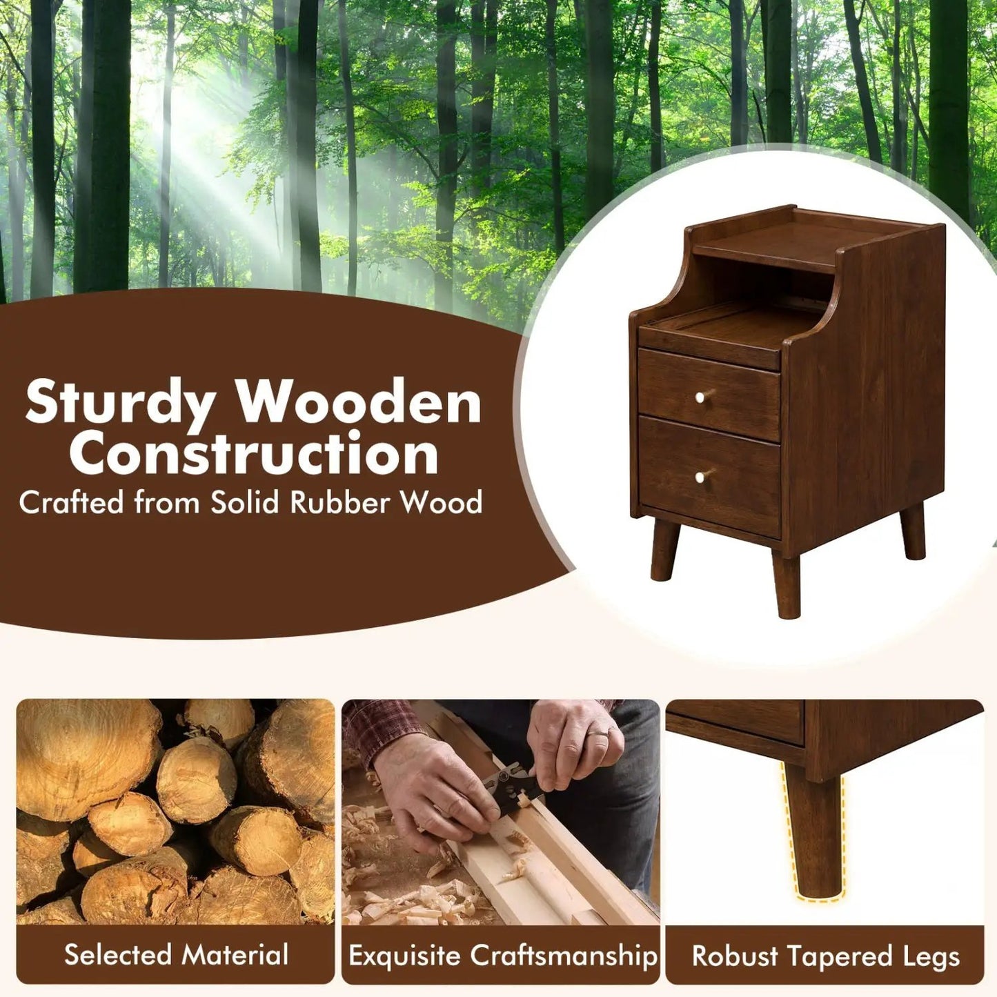 Wood Nightstand Set Of 2 With Drawers and Legs