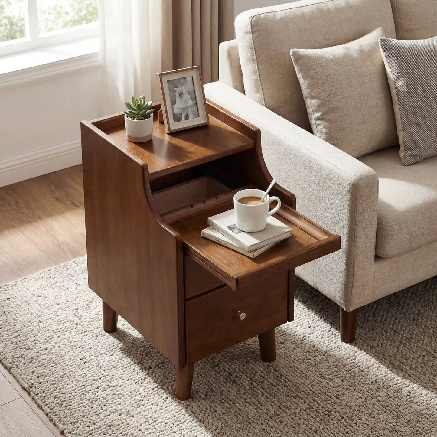 Wood Nightstand With Drawers and Solid Wood Legs