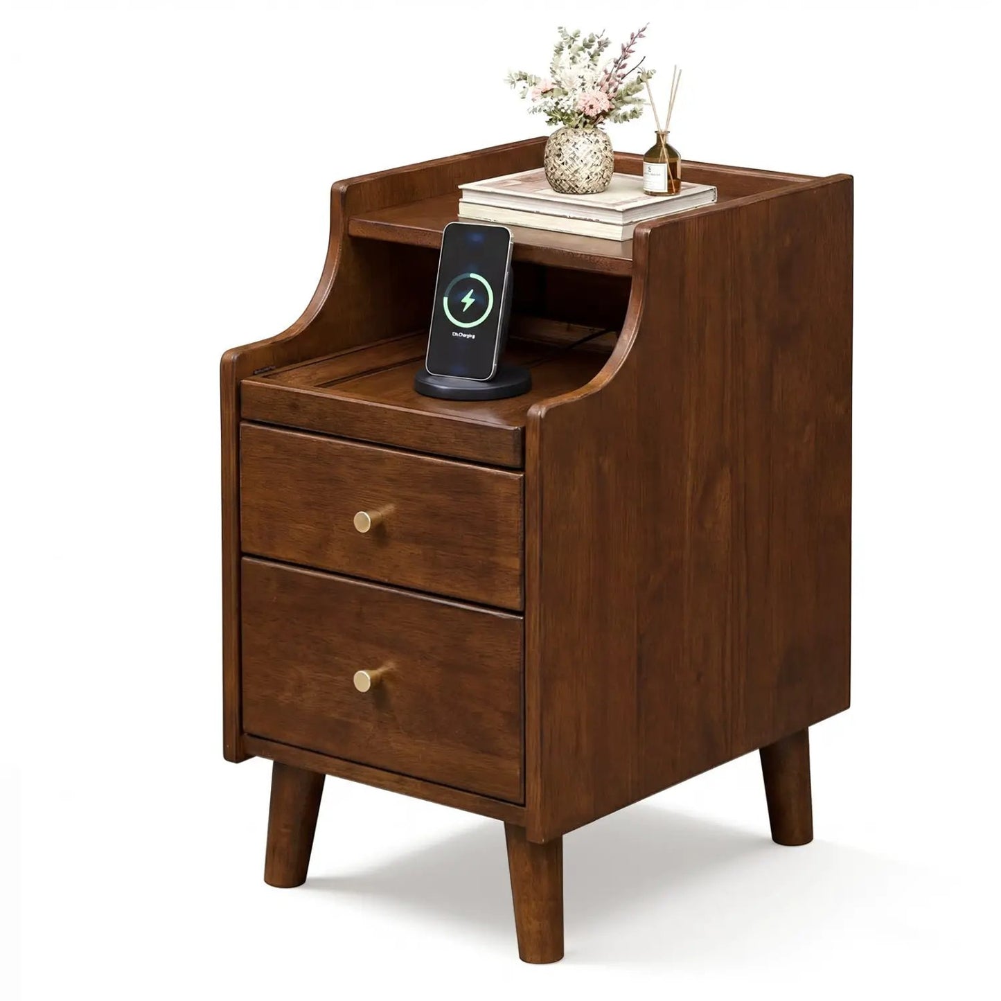 Wood Nightstand With Drawers and Solid Wood Legs