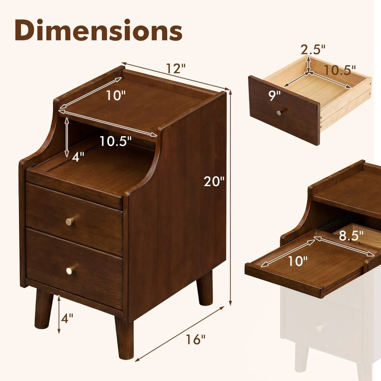 Wood Nightstand With Drawers and Solid Wood Legs