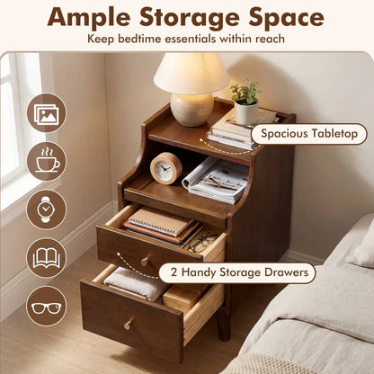 Wood Nightstand With Drawers and Solid Wood Legs