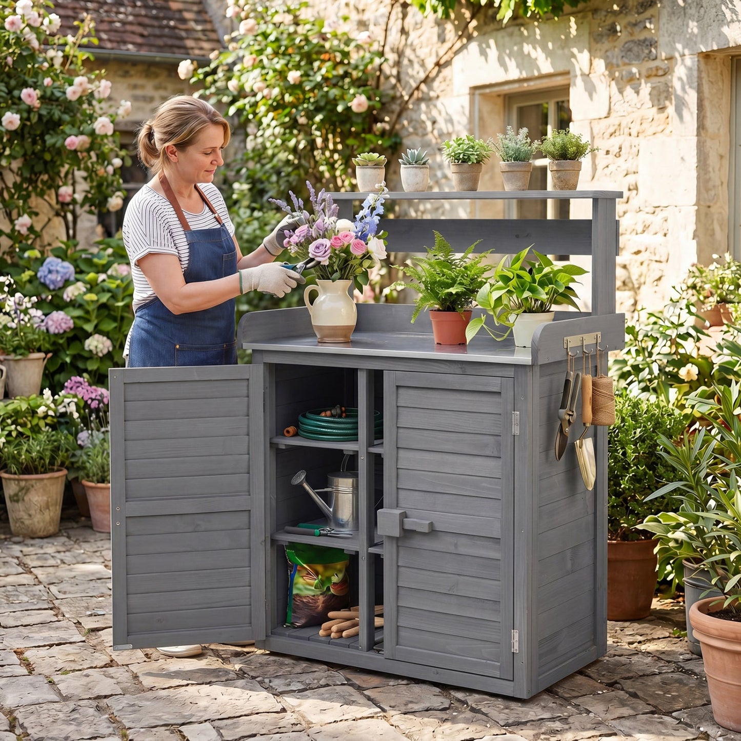 Wood potting bench with stainless steel top and storage gray DirectDeals on Tampa Home & Garden Store
