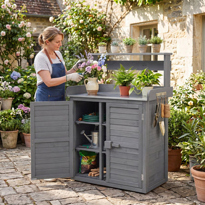 Wood potting bench with stainless steel top and storage gray DirectDeals on Tampa Home & Garden Store