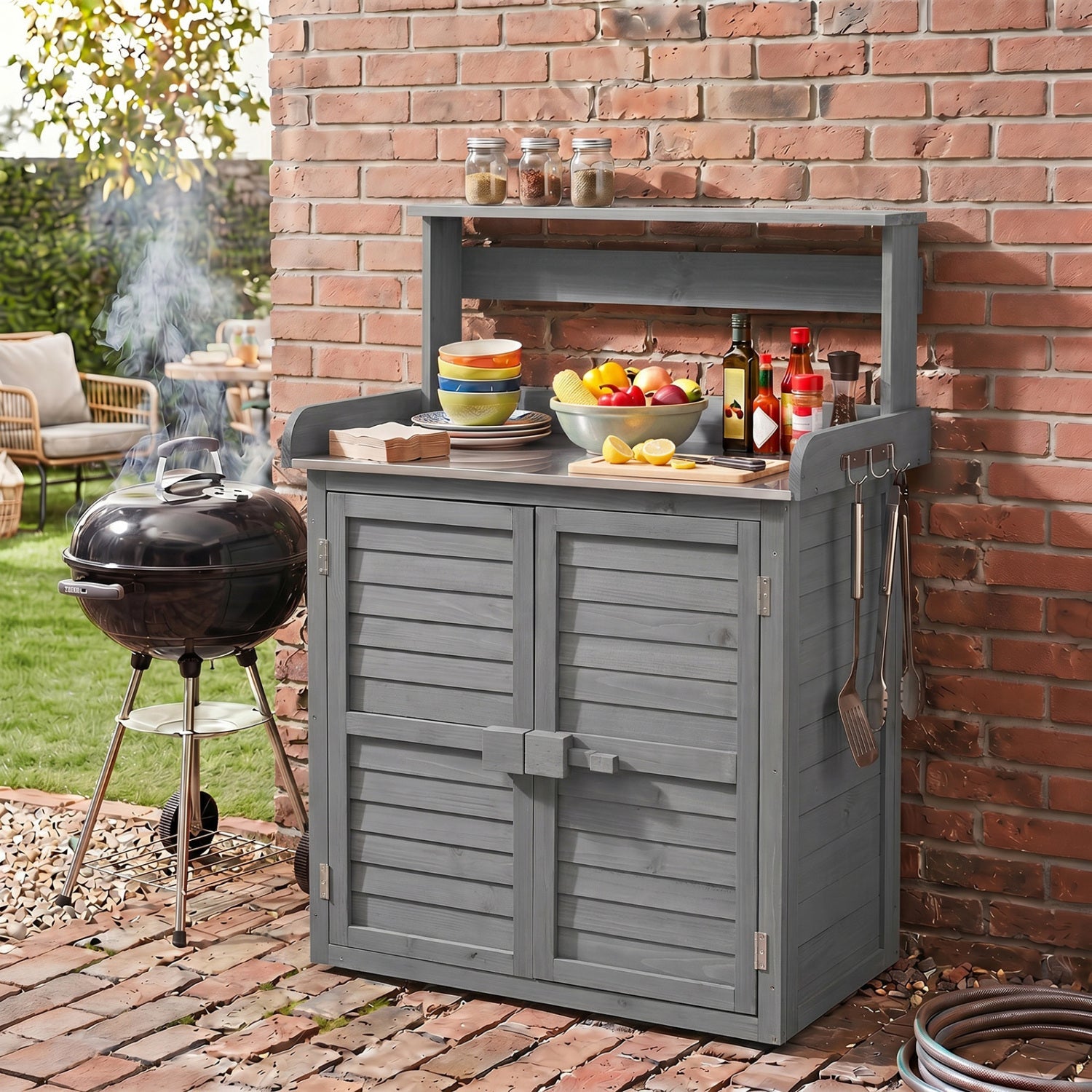Potting bench with stainless steel top and gray wood storage by DirectDeals on Tampa Home & Garden Store