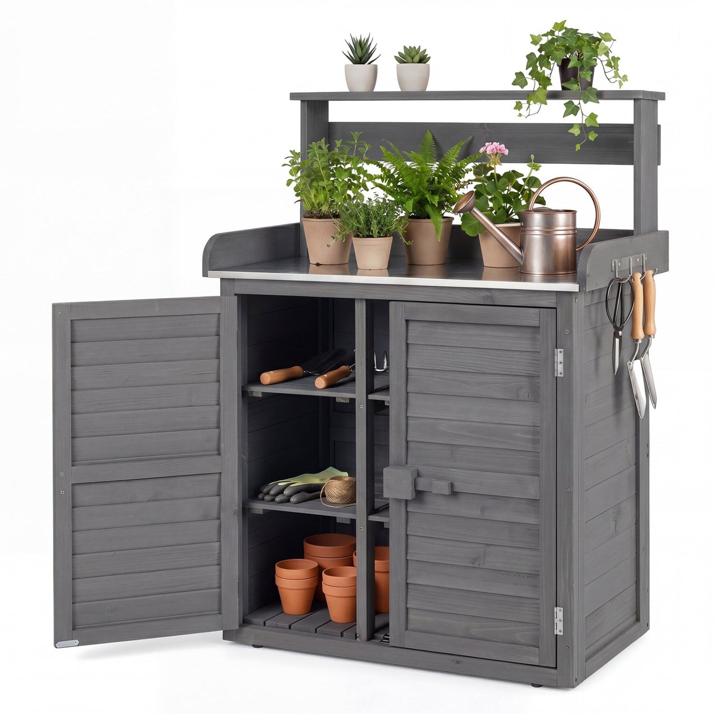 Wood potting bench with stainless steel top by DirectDeals, gray wood with plants and tools on Tampa Home & Garden Store