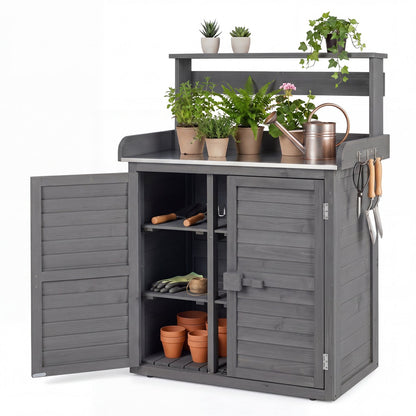 Wood potting bench with stainless steel top by DirectDeals, gray wood with plants and tools on Tampa Home & Garden Store