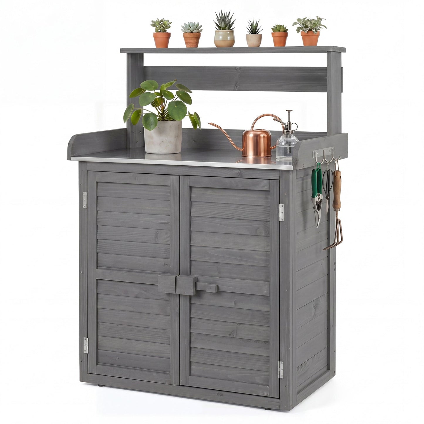 Wood potting bench with stainless steel top and storage in gray weathered finish by DirectDeals on Tampa Home & Garden Store