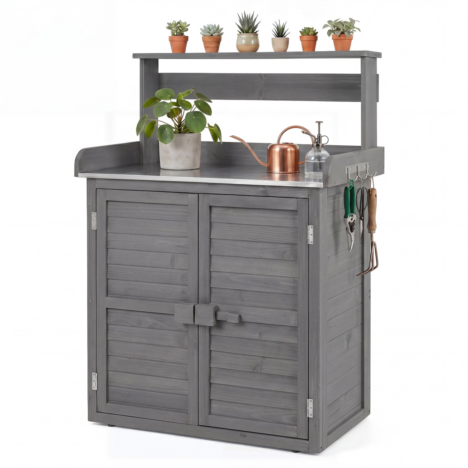 Wood potting bench with stainless steel top and storage in gray weathered finish by DirectDeals on Tampa Home & Garden Store