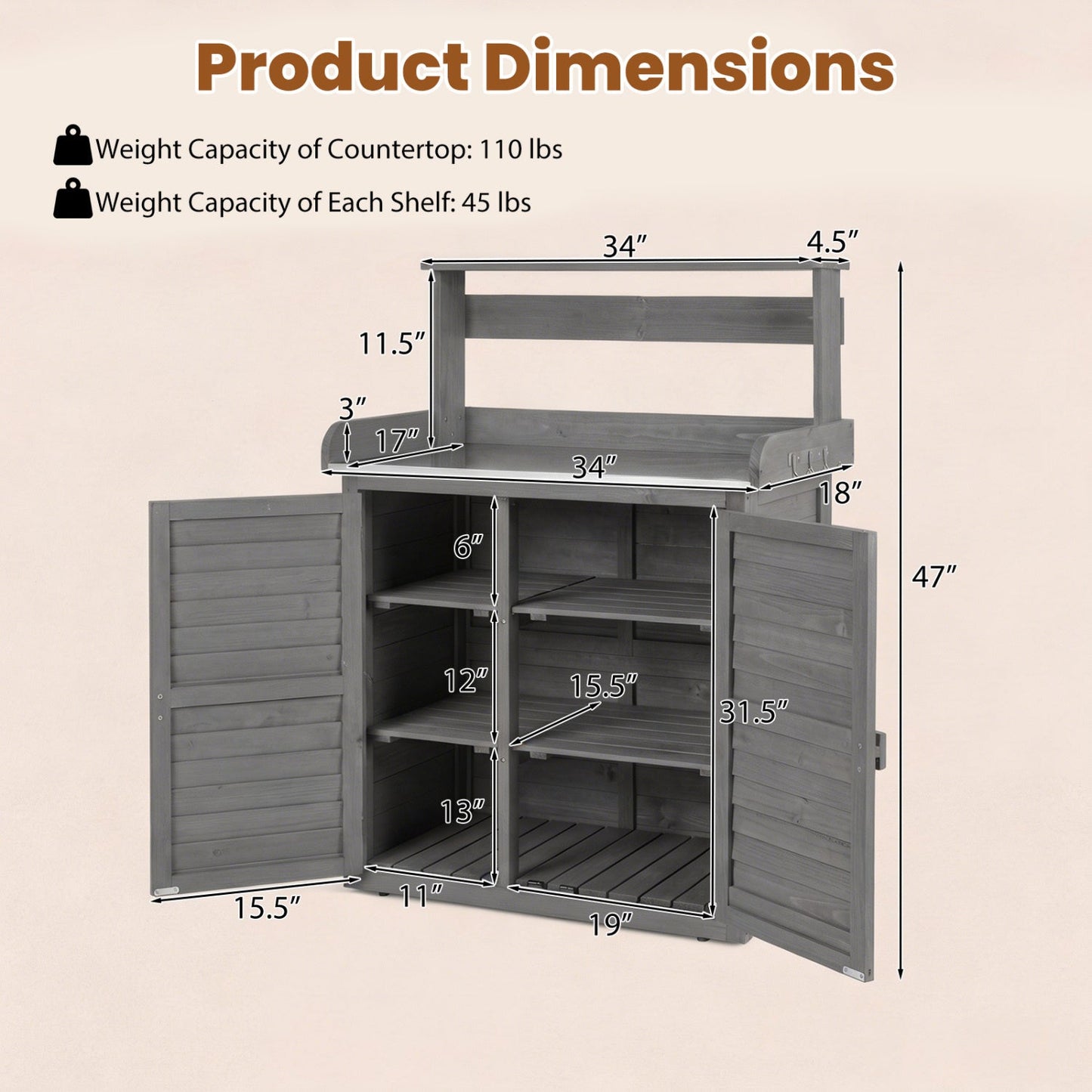 Wood potting bench with stainless steel top and storage cabinets, DirectDeals on Tampa Home & Garden Store