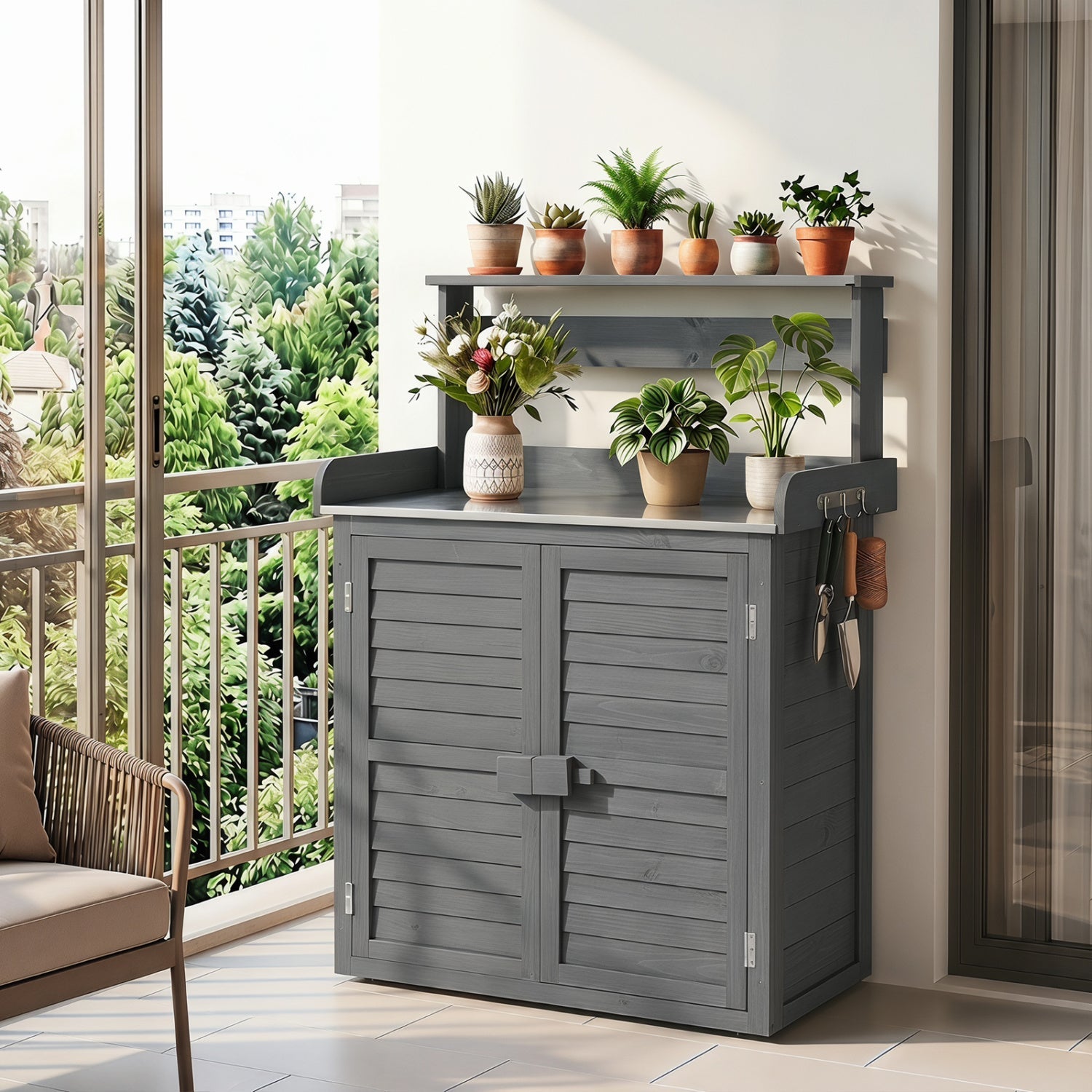 Wood potting bench with stainless steel top in gray, DirectDeals, with storage cabinets on Tampa Home & Garden Store