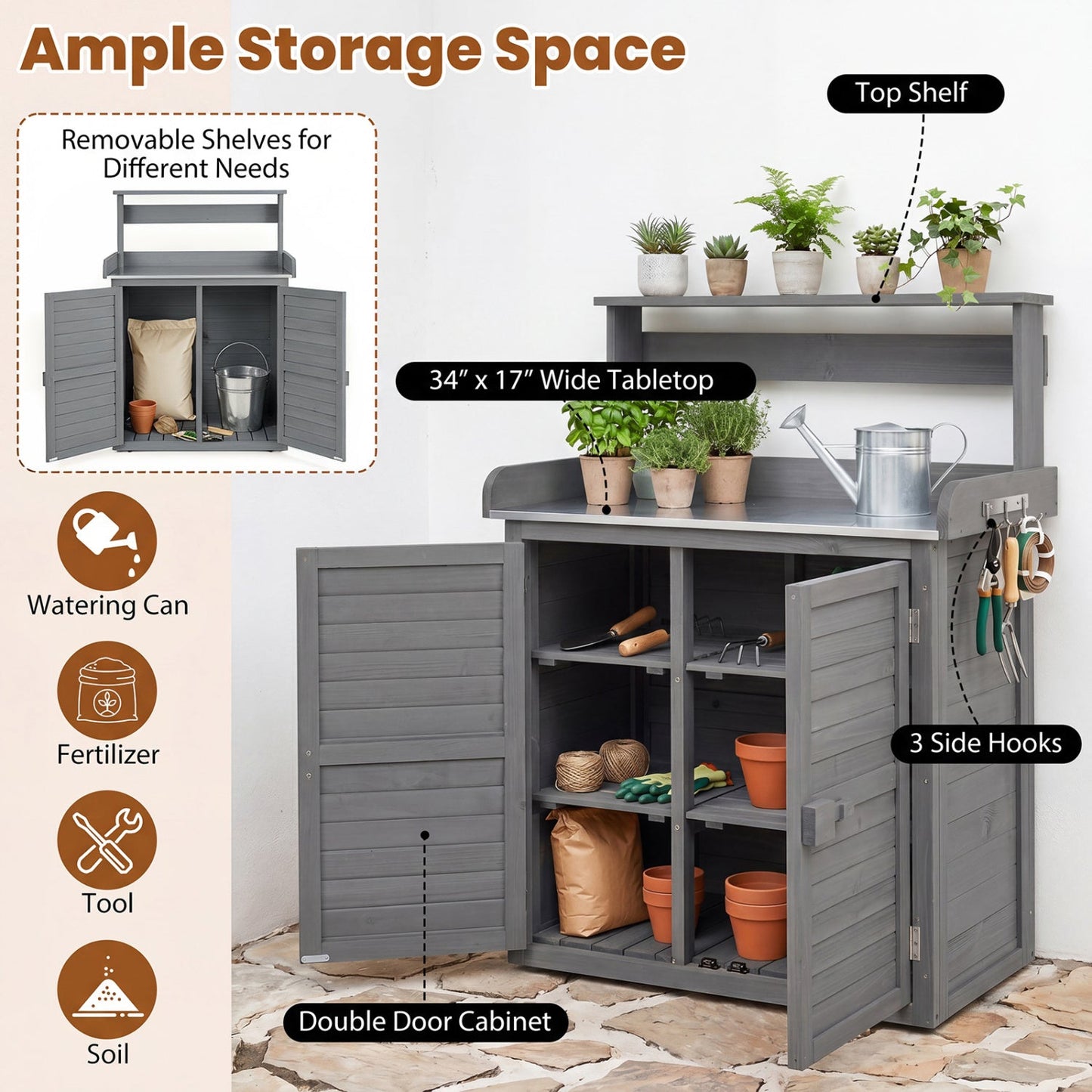 Wood potting bench with stainless top and gray storage cabinet DirectDeals, double-door shelves on Tampa Home & Garden Store