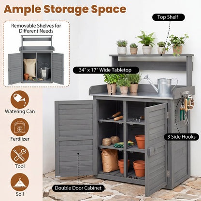 Wood potting bench with stainless top and gray storage cabinet DirectDeals, double-door shelves on Tampa Home & Garden Store