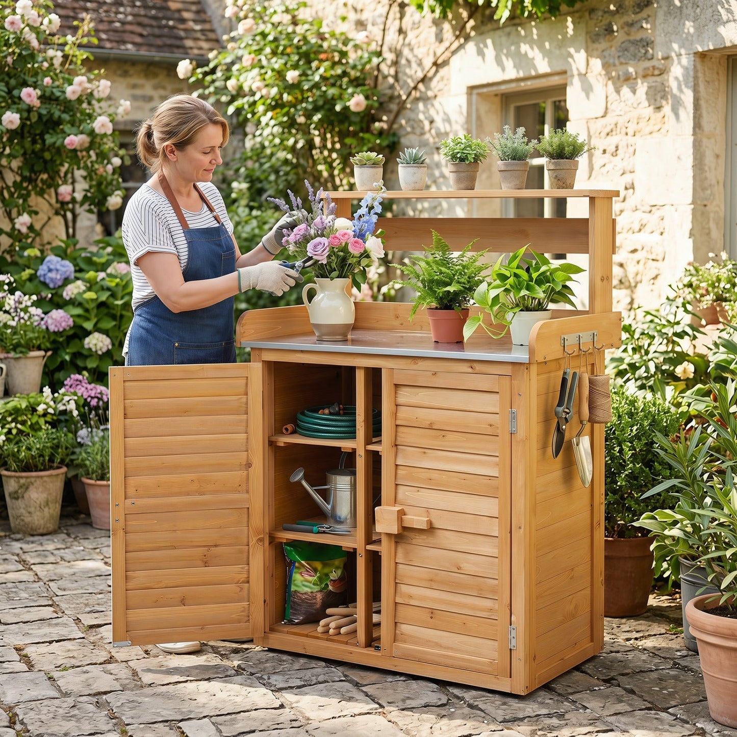 Wood potting bench with stainless steel top and open storage cabinets, DirectDeals on Tampa Home & Garden Store