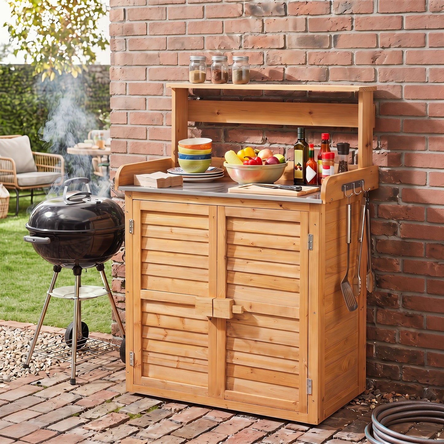 Wood potting bench with stainless steel top and storage by DirectDeals, upper shelf on Tampa Home & Garden Store