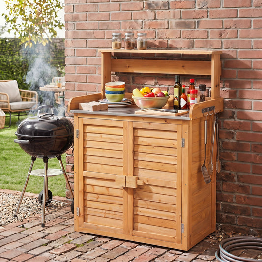 Wood potting bench with stainless steel top and storage by DirectDeals, upper shelf on Tampa Home & Garden Store