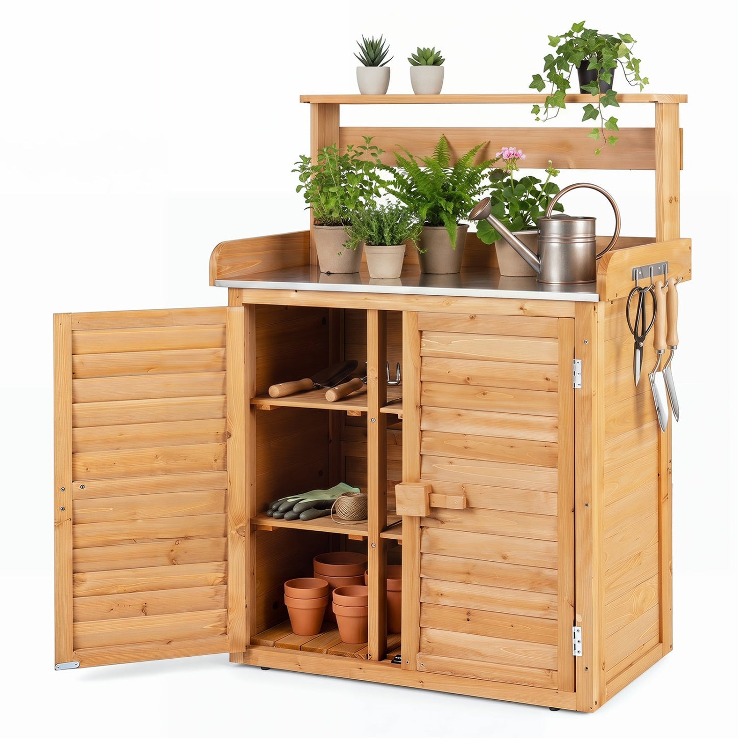 Wood potting bench with stainless steel top and built-in storage DirectDeals on Tampa Home & Garden Store