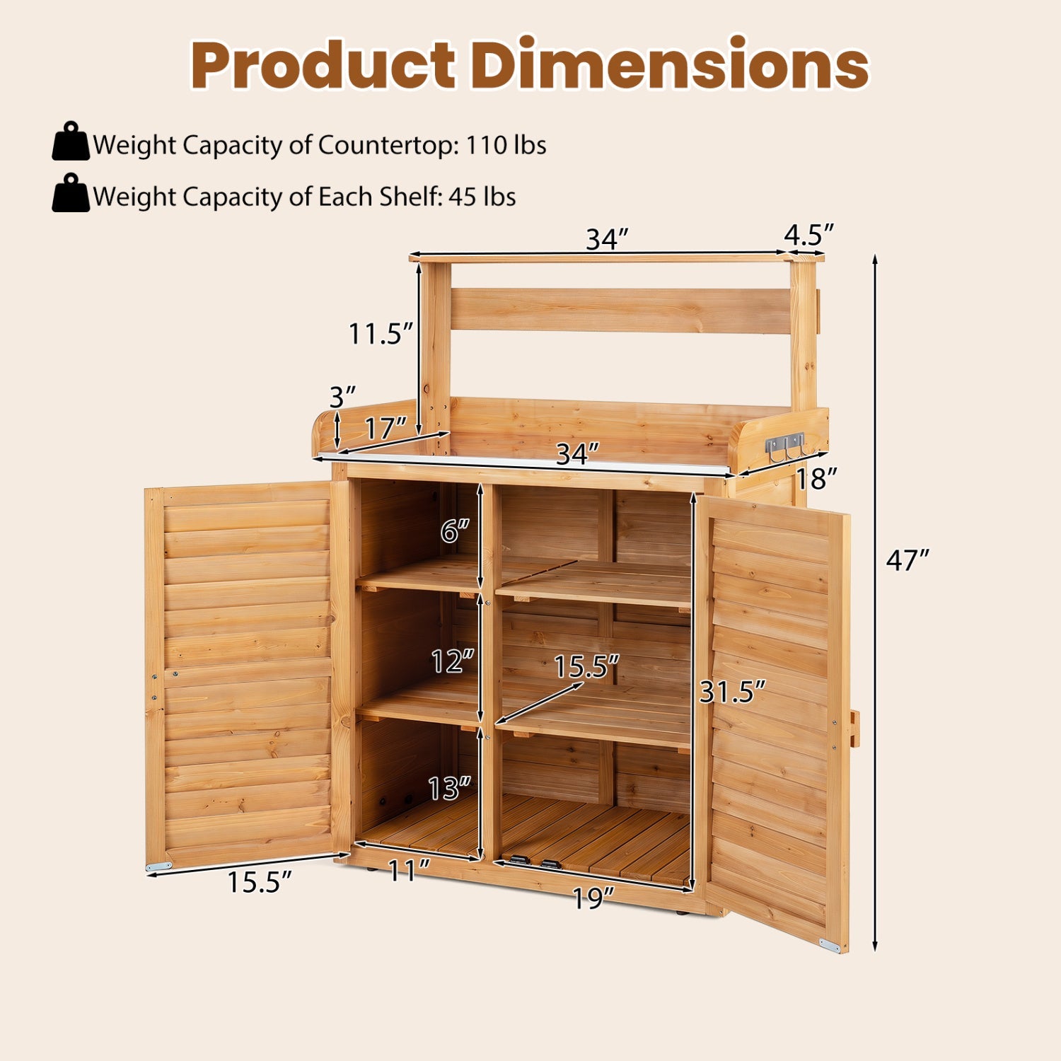 Wood potting bench with stainless steel top, natural finish, DirectDeals, with storage cabinets on Tampa Home & Garden Store
