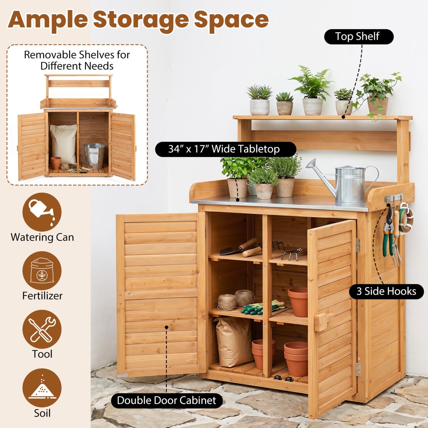 Wood potting bench with stainless steel top and storage cabinet by DirectDeals on Tampa Home & Garden Store