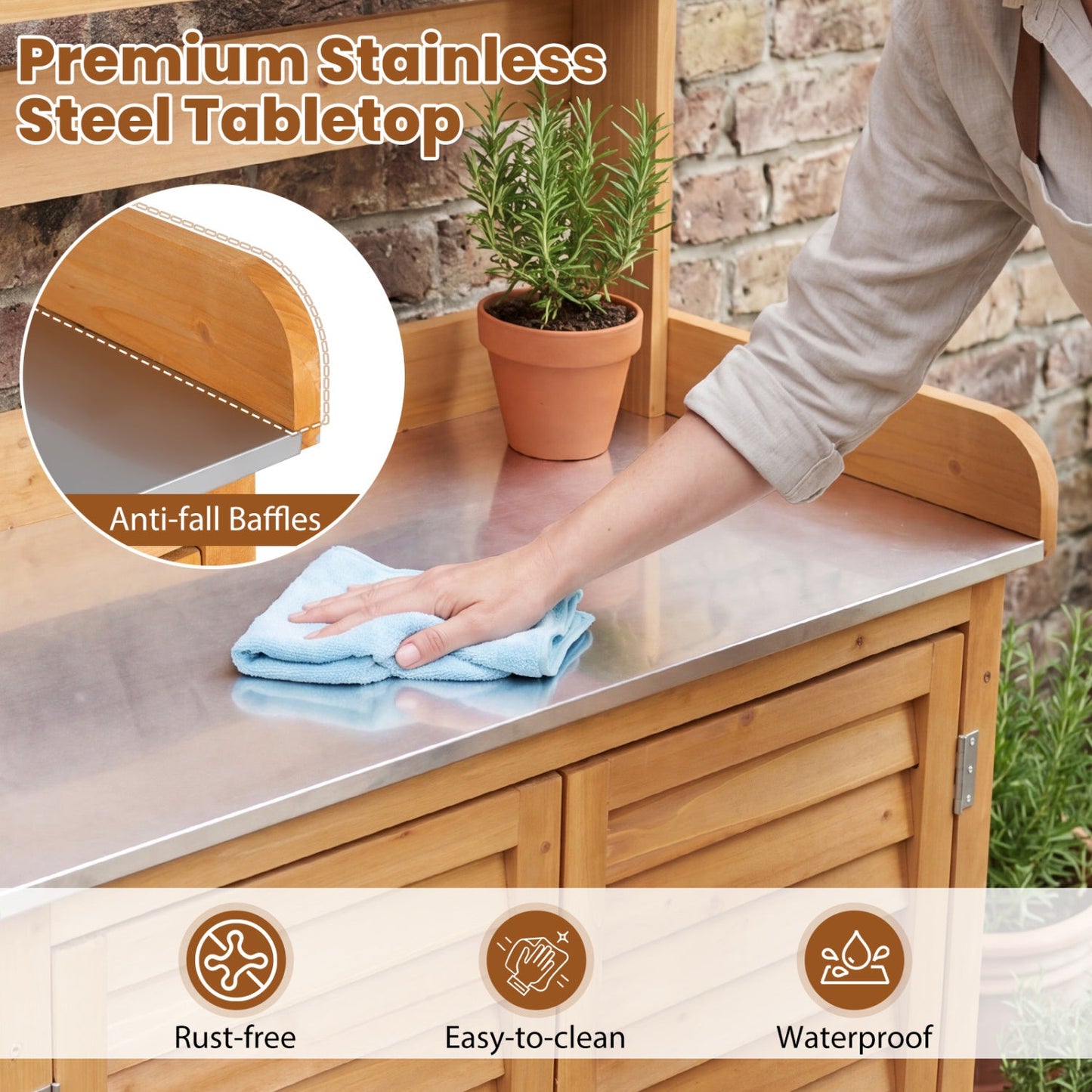 Wood potting bench with stainless steel top and built-in storage by DirectDeals on Tampa Home & Garden Store