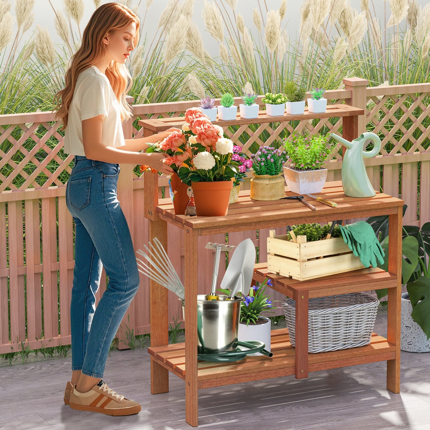 Estación de trabajo de madera para jardinería de exterior con estantes abiertos