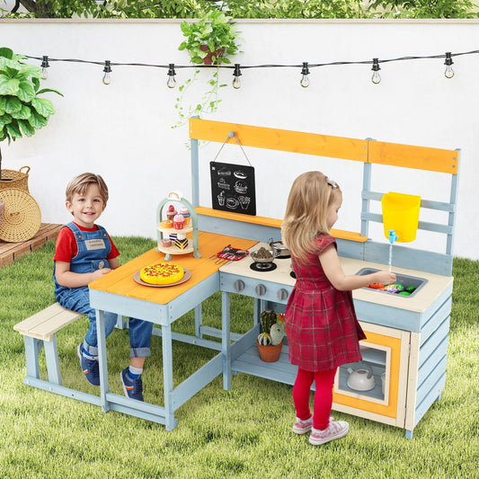Fir Wood Play Kitchen with Kids Picnic Table and Built-in Bench-Gray - Tampa Home & Garden Store