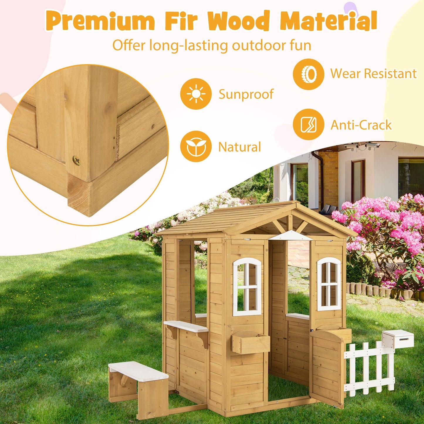 Wood Playhouse with Bench and Serving Stations for 2+ Years Old Kids