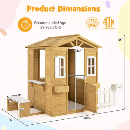Wood Playhouse with Bench and Serving Stations for 2+ Years Old Kids