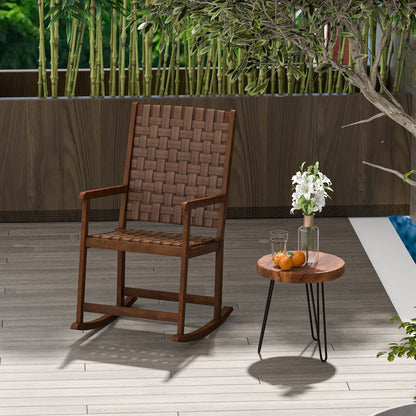 Mecedora de jardín de madera con asiento de PU y estructura de madera de caucho - Marrón