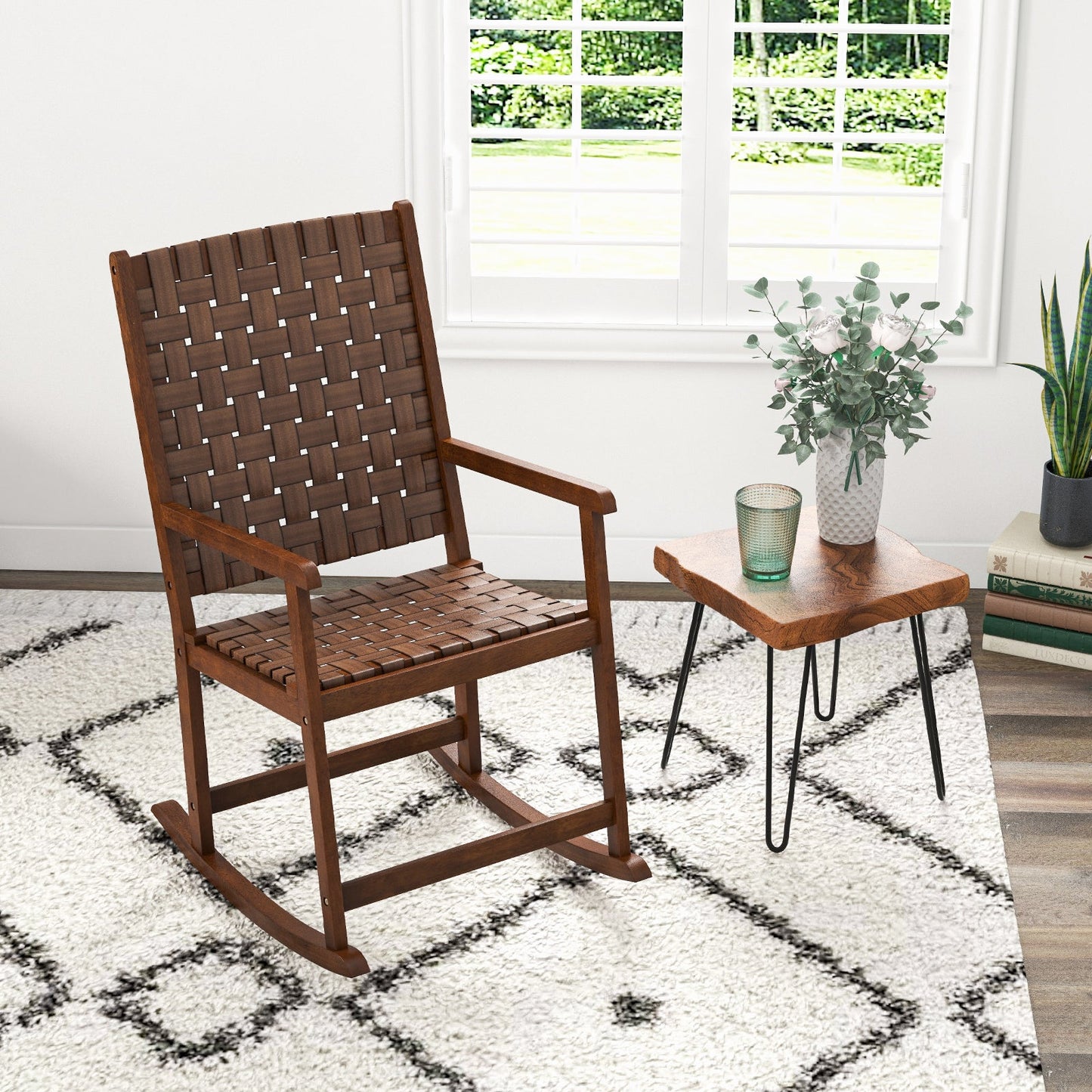 Mecedora de jardín de madera con asiento de PU y estructura de madera de caucho - Marrón