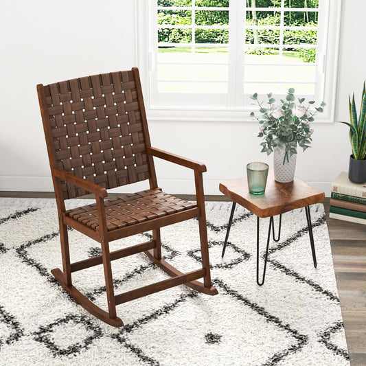 Patio Wood Rocking Chair with PU Seat and Rubber Wood Frame-Brown - Tampa Home & Garden Store