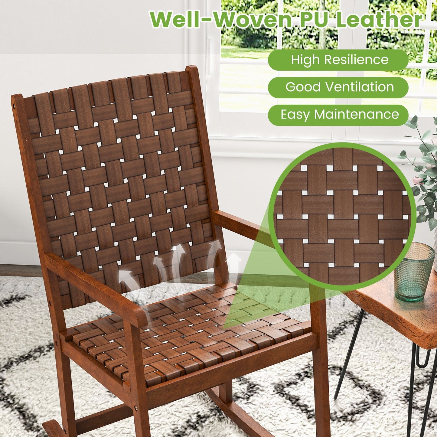 Mecedora de jardín de madera con asiento de PU y estructura de madera de caucho - Marrón