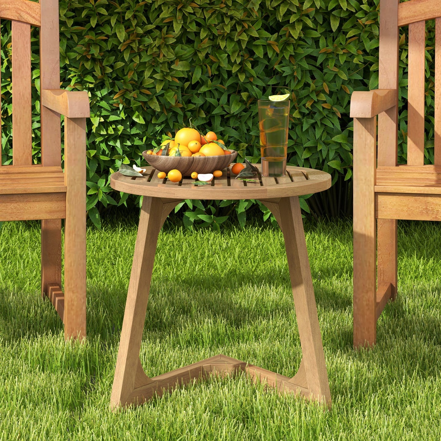 Teak Wood Side Table Round Sofa End Table with Slatted Tabletop