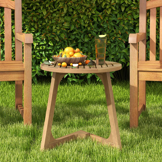 Teak Wood Side Table Round Sofa End Table with Slatted Tabletop - Tampa Home & Garden Store