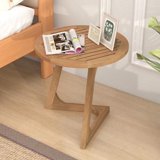 Teak Wood Side Table Round Sofa End Table with Slatted Tabletop - Tampa Home & Garden Store