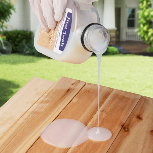Wood Oil Cleaner and Brightener Set DirectDeals wood care kit pouring brightener on deck on Tampa Home & Garden Store