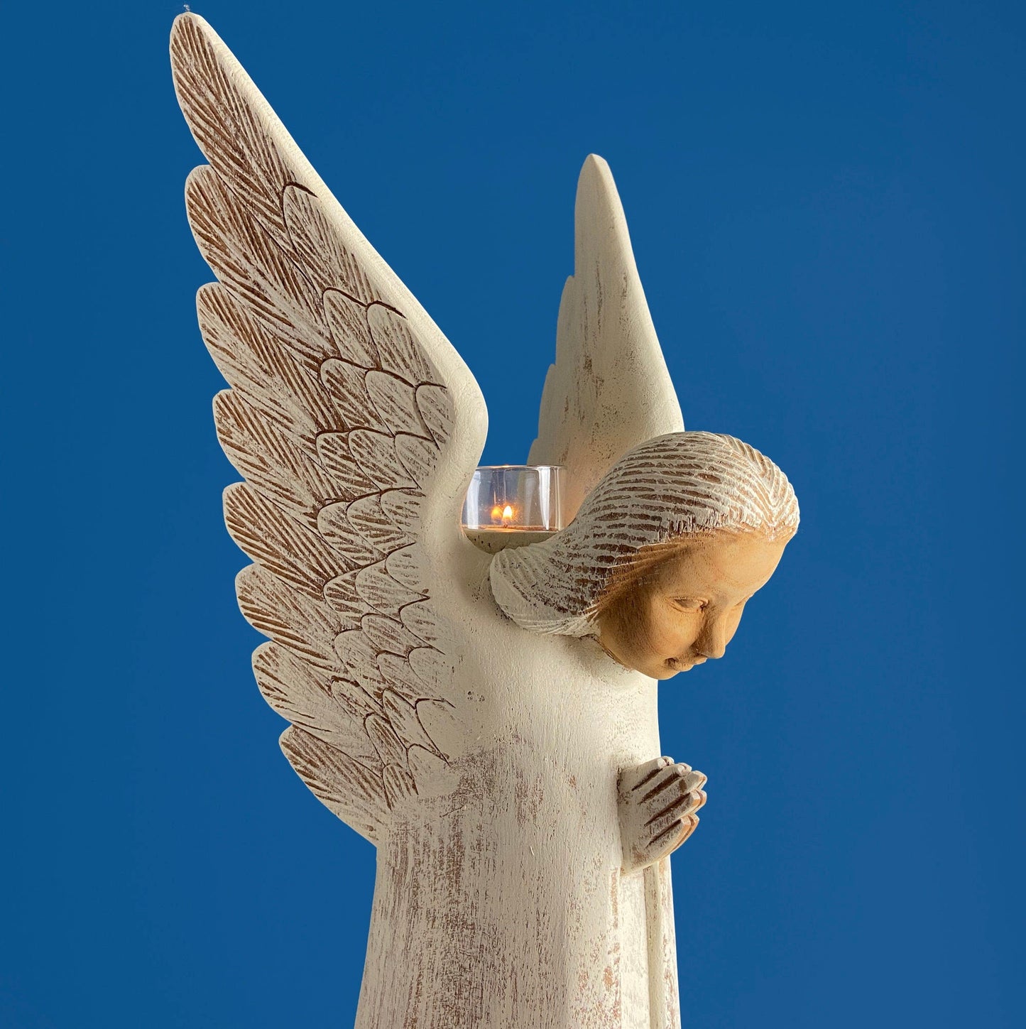 Wooden Hand Carved Angel Figurine. Large Limited Edition, #15, Angel Statue. Stunning Sculpute of Praying Angel. Candle Holder or Art. - Tampa Home & Garden Store