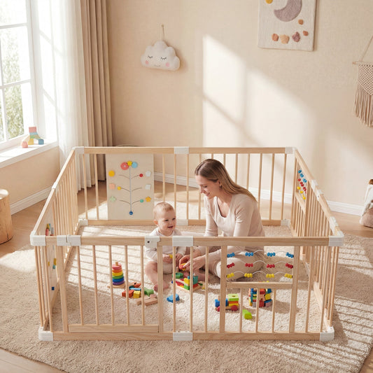 Wooden Baby Playpen Adjustable Large Play Yard for Infants-Natural - Tampa Home & Garden Store