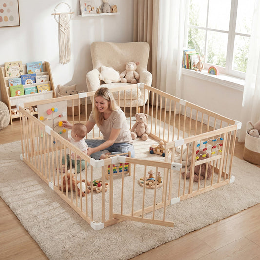 Wooden Baby Playpen Adjustable Large Play Yard for Infants-Natural - Tampa Home & Garden Store