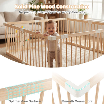 Wooden Baby Playpen Adjustable Large Play Yard for Infants-Natural