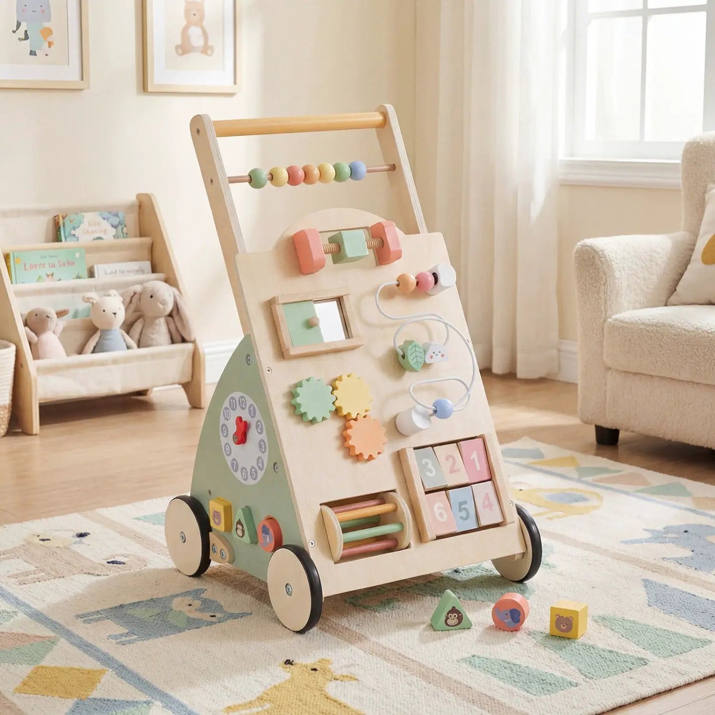 Wooden Baby Walker With Wheels and Storage Basket