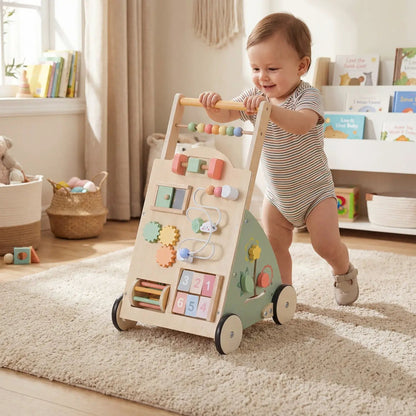 Wooden Baby Walker With Wheels and Storage Basket
